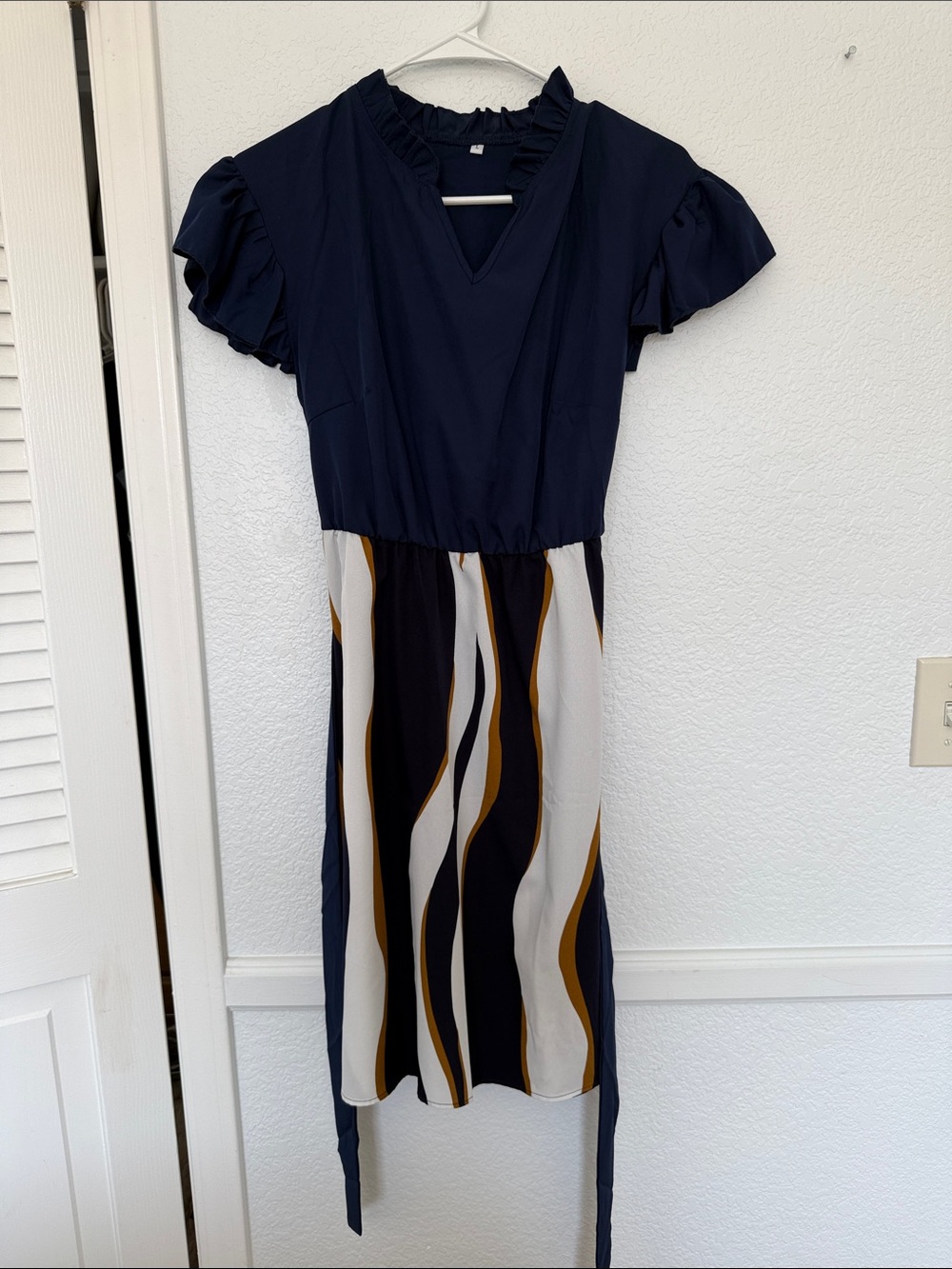 Women’s Navy Ruffle V-Neck Dress with Wavy Print Skirt